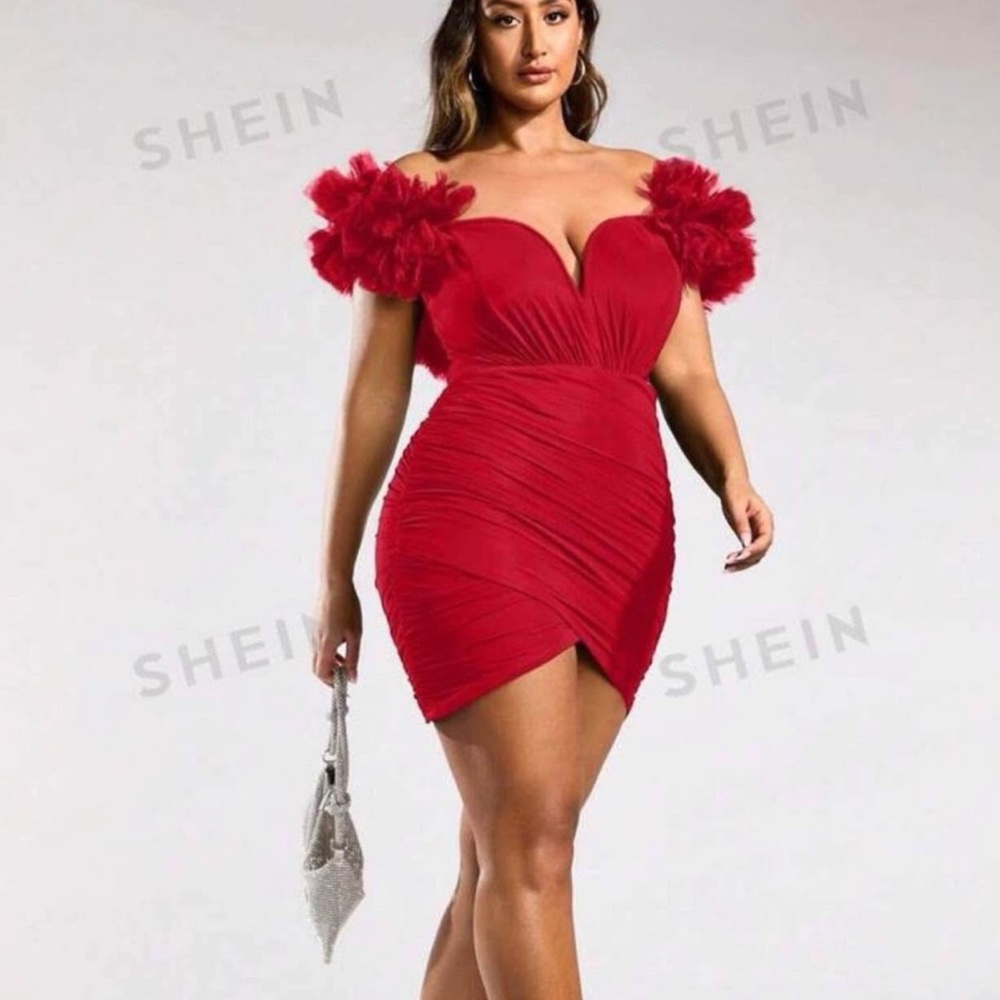 SHEIN Red Asymmetrical Ruched Mini Dress